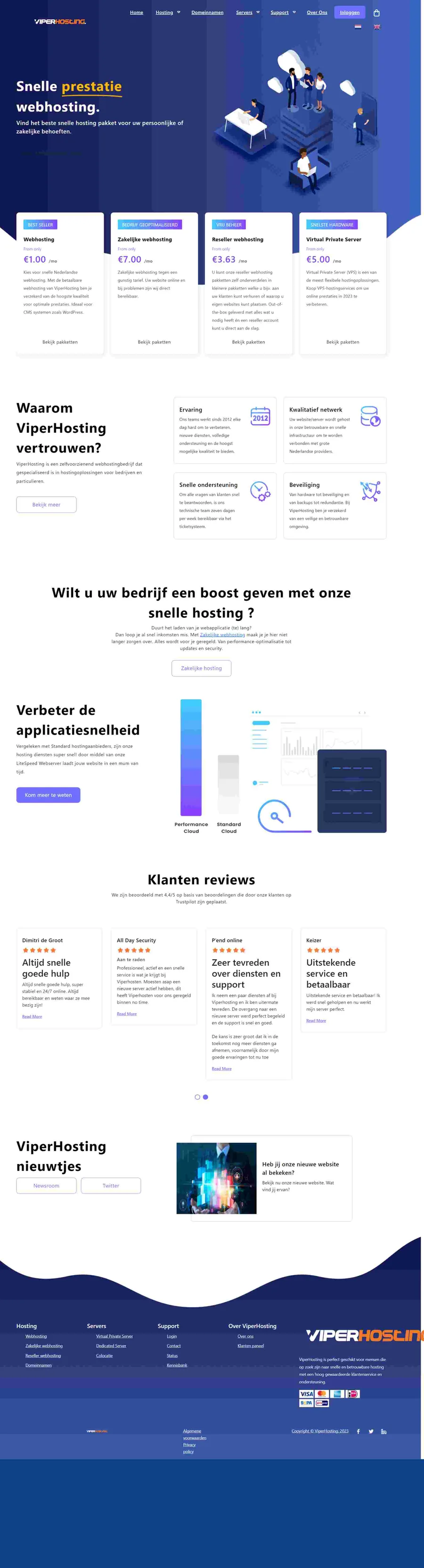 Viper Hosting website project by ElySpace, showing hosting plans, uptime promises and a sleek dark interface